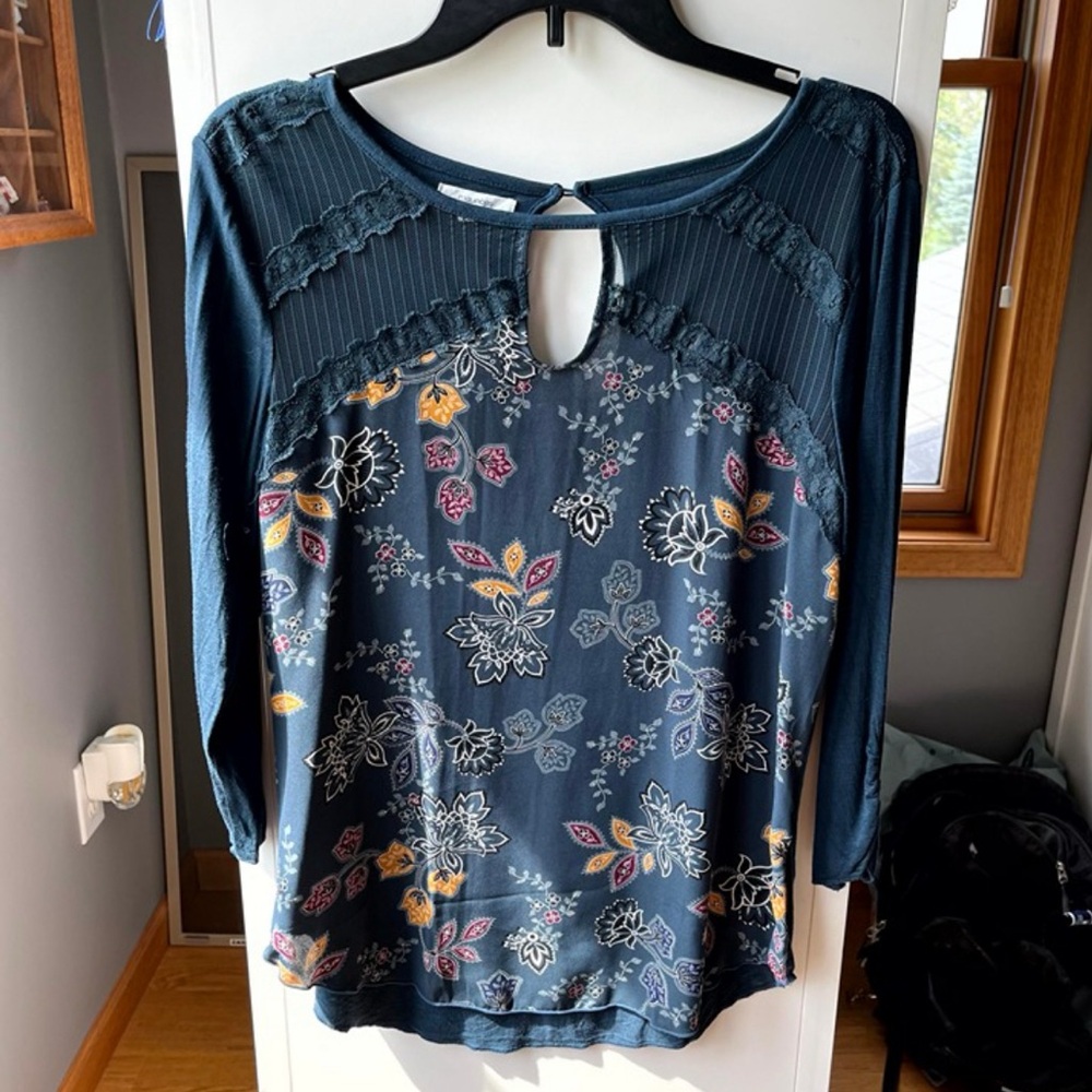 Maurices 3/4 Sleeve Lacey Blue and Yellow Blouse
